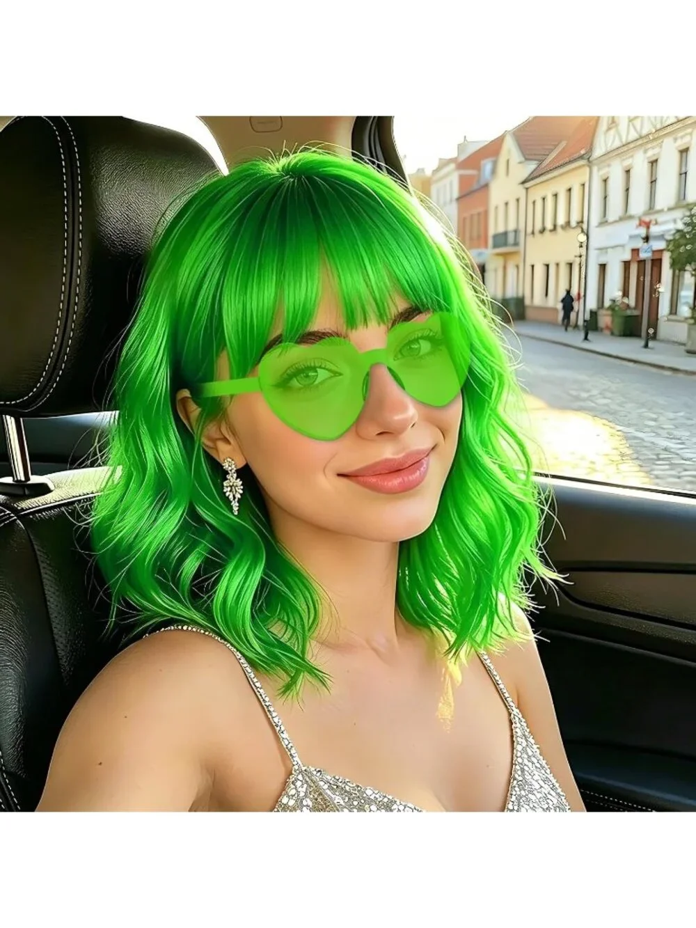Women's Grass Green Curly Bob Synthetic Wigs Bangs With Neon Heart Sunglasses